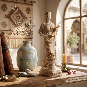Può includere: Una natura morta con una statua classica di Hestia, la dea greca del focolare, che tiene una ciotola. La scena comprende libri antichi, un vaso con rami e una candela accesa. La statua è alta 22 cm.