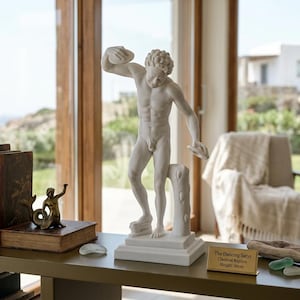 Dancing Satyr Statue, Greek Faun Sculpture with Cymbals, Cast Marble Ancient Roman Museum Replica, Mythological Home Decor