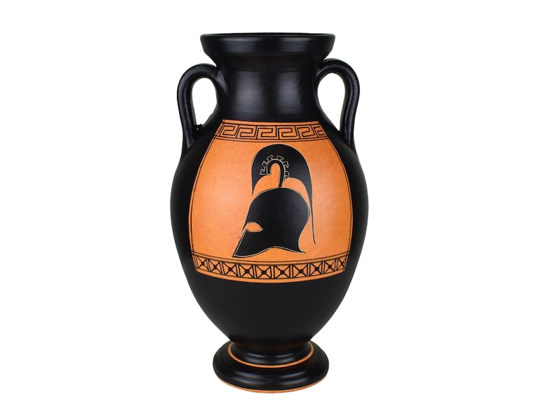 Amphora with Greek Spartan helmet lambda symbol Vase Ancient Greek Pottery Ceramic image 1