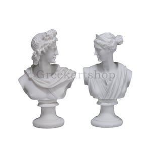 Set Goddess Artemis Diana and God Apollo bust head Greek Statue Sculpture cast marble 5.91 inches - 15cm