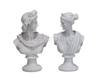 Set Goddess Artemis Diana and God Apollo bust head Greek Statue Sculpture cast marble 5.91 inches - 15cm
