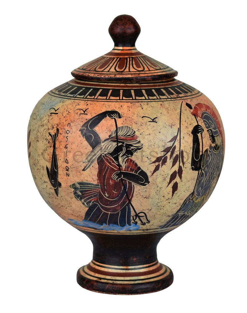 May include: A ceramic Greek amphora with a lid, decorated with a scene of two figures in a sea setting. The figures are painted in red, black, and white, and the background is a light beige. The amphora is on a white background.