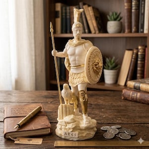 Ares-staty med spjut och sköld, grekisk krigsgudsskulptur, Mars-figur i romersk mytologi, gjuten marmordekor, gåva av forntida historia