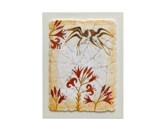 Minoan Spring small Fresco, Kissing Birds Wall Art, Handpainted Natural Plaster, Akrotiri Santorini Replica, Ancient Greek Painting