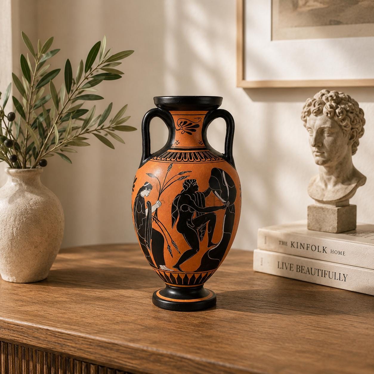 古代ギリシャのアンフォラ、ペルセポネとヘルメスの神話が描かれた花瓶