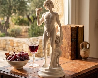 Dionysus Statue Bacchus and Faun by Michelangelo, Greek Roman God Sculpture, Cast Marble Greek Mythology Decor, 13.4in Wine God Art Gift