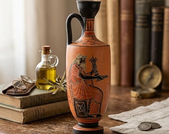 Puede incluir: Un jarrón lekythos de cerámica color terracota con una ilustración de estilo de figuras negras de una figura barbuda sentada que sostiene una planta. El jarrón tiene un cuello alto y delgado, una sola asa y una base y borde negros decorados.