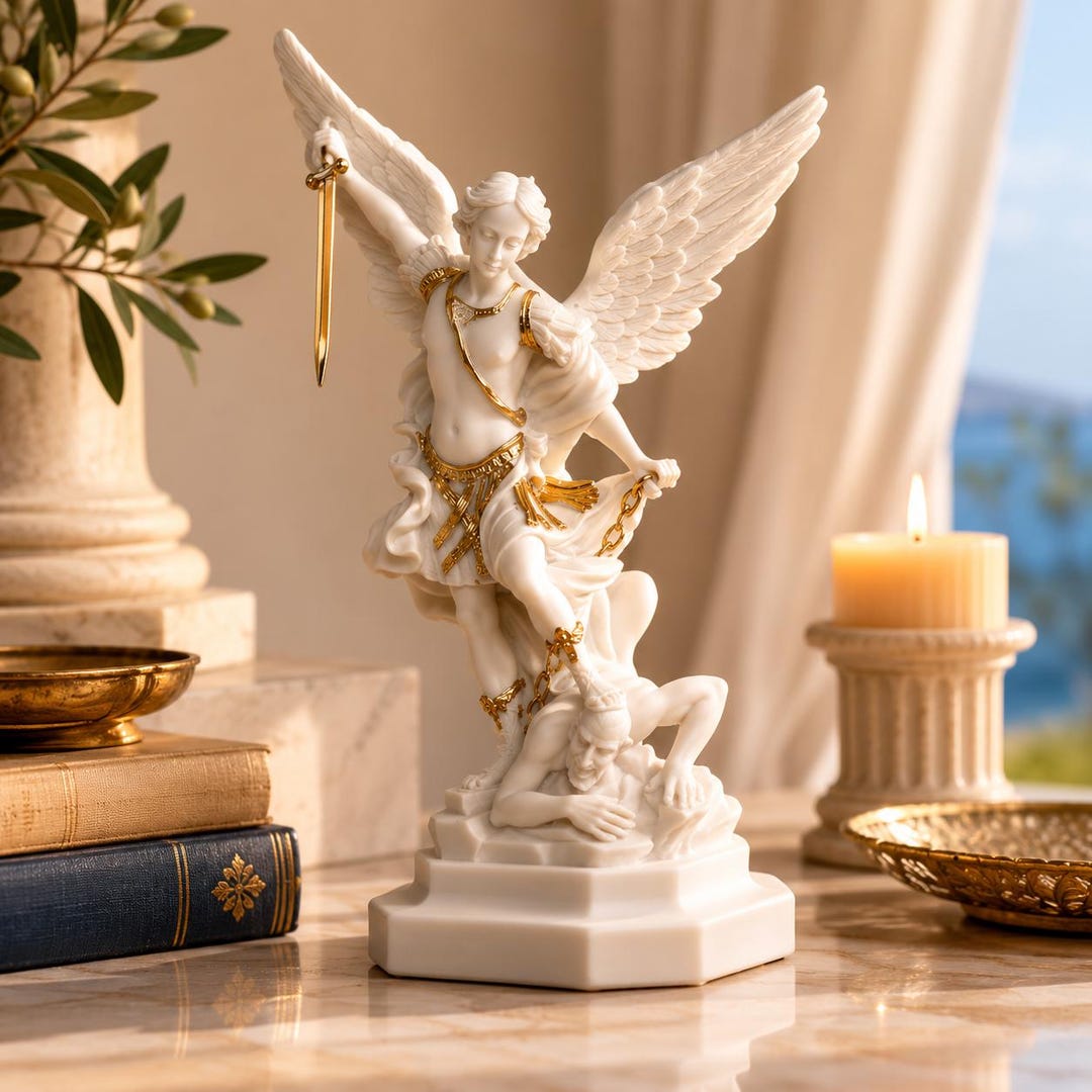 大天使ミカエル像、ルシファーを打ち負かす聖ミカエルの彫刻、宗教美術