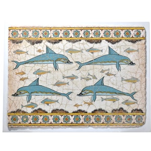 Minoan Dolphins REAL Fresco from knossos palace (2000-1500 BC) painting Handpainted Crete