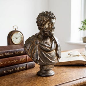 May include: A bronze-toned bust of a man with a beard, set on a wooden table with books and a clock. The books are titled "Meditations - Aurelius", "Selected Dialogues - Plato", and "Discours - Epictetus". A small bonsai tree is visible in the background.