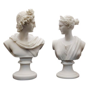 Set 2 Busts God Apollo & Goddess Artemis Diana Greek Cast Marble Sculpture