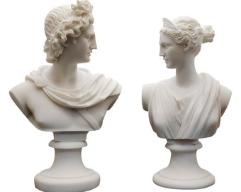 Set 2 Busts God Apollo & Goddess Artemis Diana Greek Cast Marble Sculpture