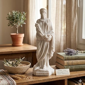 May include: A white marble statue of Demeter, the Greek goddess of agriculture. The statue is 32cm tall and depicts a draped figure holding a basket of fruit and wheat. The base of the statue is inscribed with the name "DEMETER".