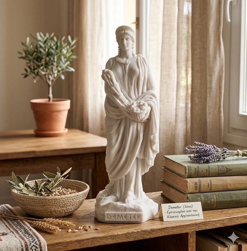 May include: A white marble statue of Demeter, the Greek goddess of agriculture. The statue is 32cm tall and depicts a draped figure holding a basket of fruit and wheat. The base of the statue is inscribed with the name "DEMETER".