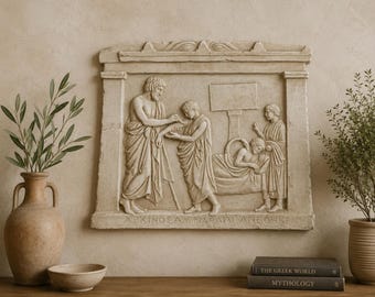 May include: A rectangular stone-colored wall plaque featuring a bas-relief carving of a classical scene with figures in draped garments. The relief depicts a standing figure attending to another, with Greek text inscribed along the bottom edge.