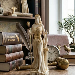 Op de afbeelding: Een klassiek beeld van Hera, de Griekse godin, staat op een houten tafel. Het beeld is crèmekleurig met gouden accenten. Een grote veer, boeken, een klok en een hamer suggereren een thema van recht en geschiedenis.