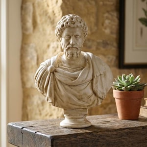 Könnte beinhalten: Cremefarbene Büste eines römischen Kaisers mit Bart und lockigem Haar. Die Skulptur steht auf einem Sockel und ist in eine Toga gehüllt. Eine kleine Topf-Sukkulente und Bücher stehen in der Nähe auf einem rustikalen Holztisch.