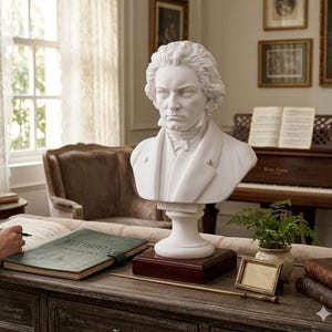 Può includere: Un busto in marmo bianco di un uomo con i capelli ricci e un cappotto formale. Il busto è su un piedistallo bianco sopra una base di legno scuro. Un libro verde con il nome "BEETHOVEN" è aperto su un tavolo di legno.