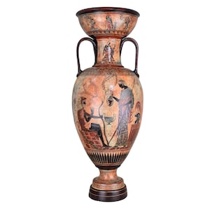 May include: A tall, antique terracotta vase with black handles and a wide base. The vase features detailed illustrations of figures in classical attire, with a dark brown rim and base. The artwork depicts scenes from ancient times.
