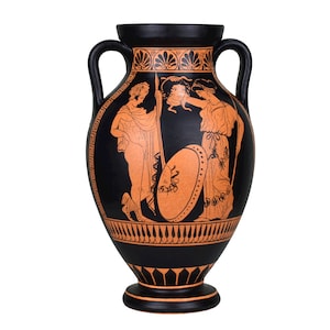 Medusa monster head snakes Perseus with goddess Athena vase ancient greek pottery