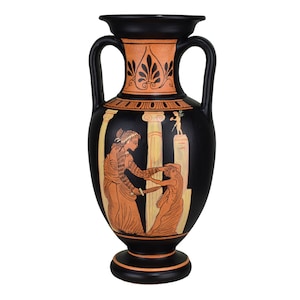 Peut inclure: Amphora grecque noire et orange avec une scène peinte de deux femmes devant des colonnes. L'amphore a deux anses et une base ronde.