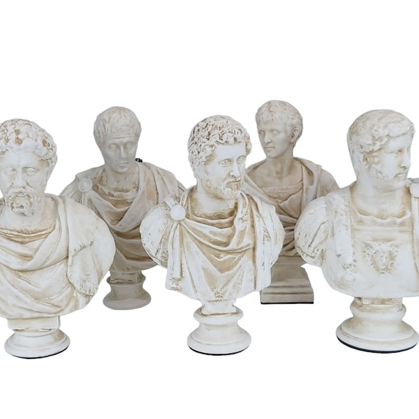 Set 5 gute römische Kaiser Nerva, Trajan, Hadrian, Antoninus Pius, Mark Aurel Büste Kopf Porträt Skulptur Statue Gips Museum Kopie