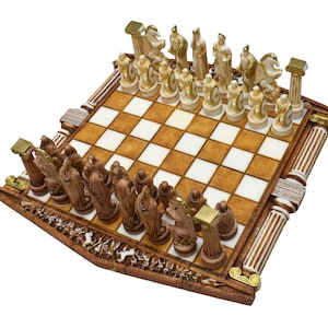 Schach Set Brett & 32 Stück Parthenon Säule Griechische Römische Götter Figur Handgemacht
