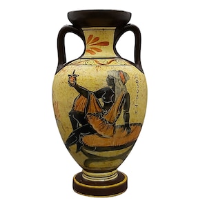 ANFORA in ceramica greca, vaso, recipiente dipinto, dea Afrodite, dio Poseidone