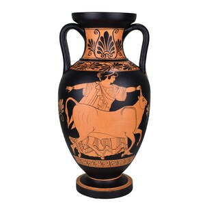 May include: Black and orange Greek amphora with a black figure painting of a woman holding a bull by the horns. The woman is wearing a long robe and a crown. The bull is brown and has a black outline.