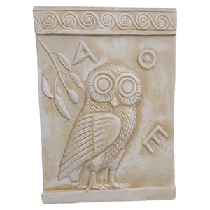 Owl of Athena Minerva wall frieze relief decor cast stone sculpture symbol of knowledge and wisdom