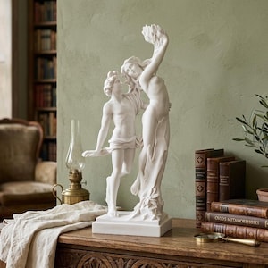 Può includere: Una scultura bianca raffigurante due figure che si abbracciano, posta su un tavolo di legno. Le figure classiche sono in una stanza con una sedia vintage, libri e una piccola pianta in vaso. Scultura decorativa.