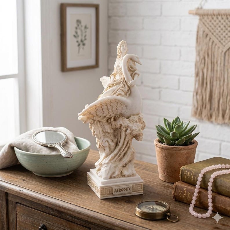 May include: A cream-colored statue of a woman riding a swan. The statue is on a square base with the word "Aphrodite" inscribed. The statue is on a wooden surface with other decorative items.