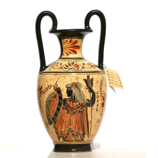 Griechische Keramik AMPHORA Glas Vase Topf Gemälde Göttin Athene Gott Zeus 25 cm