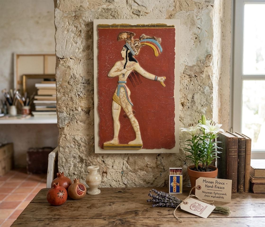 ユリの王子のリアルフレスコ画、手描きのミノア絵画、古代ギリシャの