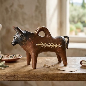 Może przedstawiać: Brązowa ceramiczna figurka byka z czarnymi akcentami i białym wzorem liści. Byk ma pętlę na grzbiecie i stoi na drewnianej powierzchni. Do byka przymocowana jest etykieta.