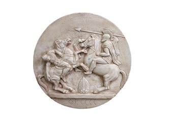 Shield Warriors Bas Relief Plaque | Original Ancient Greek Art Sculpture | Handmade Hoplite Wall Art | Classical Warfare Wall Decor