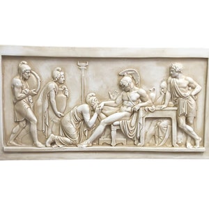 Priam pleads with Achilles for Hector&#39;s body homer iliad relief plaque frieze Greek sculpture wall decor museum copy