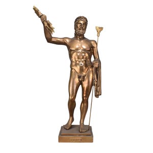 Zeus Jupiter king of gods with thunderbolt  Greek Roman statue sculpture cast marble ancient mythology  17.5 inches bronze color