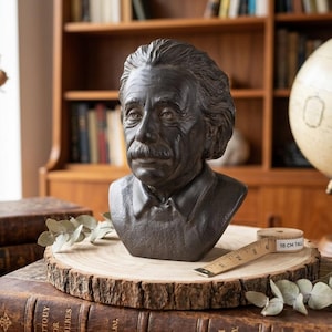 May include: A dark bronze bust of Albert Einstein, with a detailed depiction of his face and hair. The bust is displayed on a wooden slice, with a measuring tape indicating a height of 18 cm. The bust is placed on a stack of antique books.
