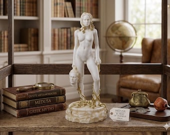 Medusa Holding Perseus Head Statue – Cast Marble Greek Mythology Sculpture – Feminist Art Decor 10.2”