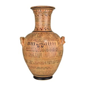 May include: A large, brown and black ceramic amphora with geometric patterns and figures in black paint. The amphora has two handles and a tall, narrow neck.