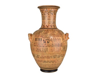 May include: A large, brown and black ceramic amphora with geometric patterns and figures in black paint. The amphora has two handles and a tall, narrow neck.