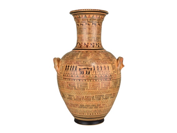 幾何学模様のダークグリーン茶色陶器花瓶 昭和レトロ アンティーク