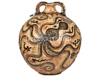 May include: A large, round, terracotta Greek amphora with two handles. The amphora is decorated with a black and white design of an octopus with its tentacles spread out.