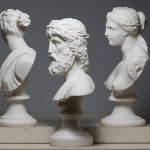 Set 5 Büste Kopf Gott Zeus Artemis Aphrodite Hermes Apollo Griechisch-römische Statue aus gegossenem Marmor Bild 4