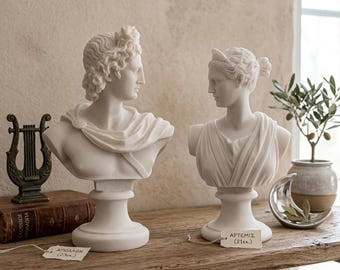 Conjunto de bustos de Apolo y Artemisa - Estatuas de dioses y diosas griegos - Esculturas de mármol fundido de la mitología clásica, regalo decorativo doble