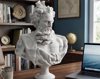 Busto de Poseidón y Neptuno – Estatua de la cabeza del dios griego – Escultura de mármol fundido – Decoración de la mitología clásica