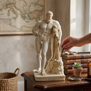 May include: A marble statue of a muscular male figure stands on a wooden table. The statue is next to a stack of books, a small potted plant, and a lit candle. A map hangs on the wall in the background.