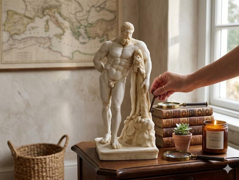 May include: A marble statue of a muscular male figure stands on a wooden table. The statue is next to a stack of books, a small potted plant, and a lit candle. A map hangs on the wall in the background.