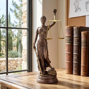 Puede incluir: Estatua de bronce de la Justicia con balanza y espada, sobre una base redonda. Tres libros de derecho antiguos están sobre una mesa de madera. El fondo muestra una ventana con árboles y un muro de piedra.